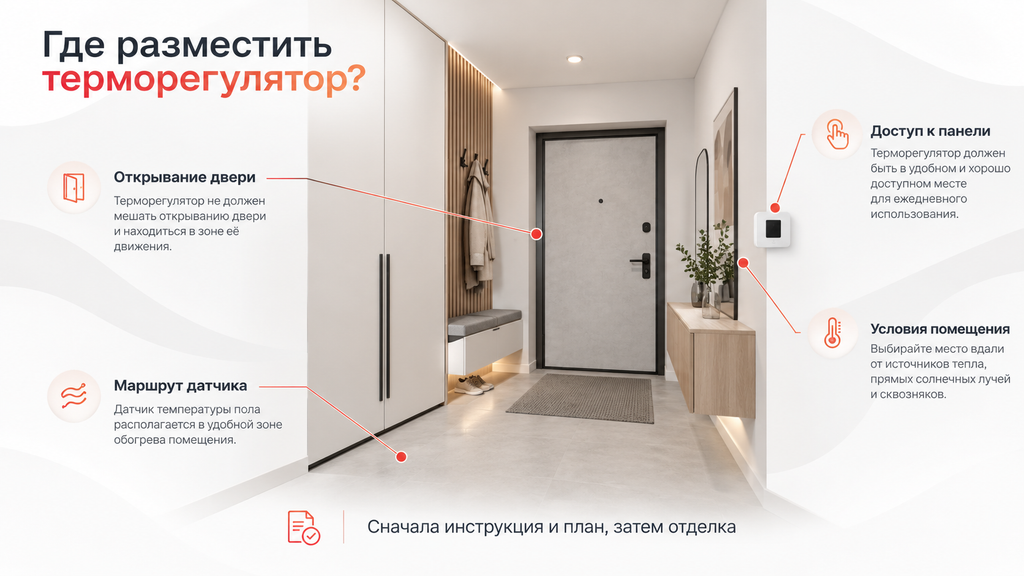 Инженерная схема выбора места терморегулятора тёплого пола: мебель, дверной проём, датчик и условия помещения
